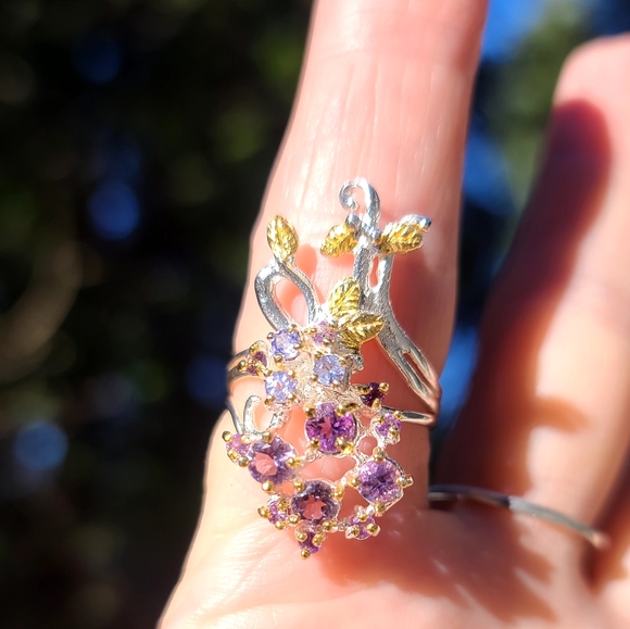 Natural Kharma by Avelon Jewelry - Amethyst & Topaz floral sterling & gold finger cuff sz7.75